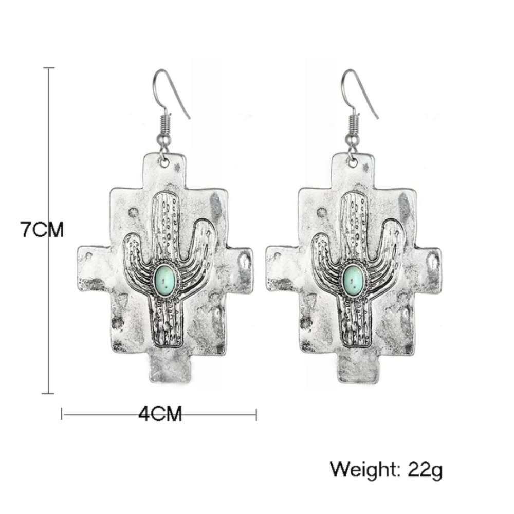 Turquoise Cactus Earrings. Silver. Western Boho - Picture 5 of 8
